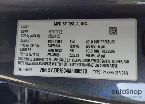 2021 Tesla Model 3 Performance Dual Motor All-Wheel Drive из США, поврежденный, VIN 5YJ3E1EC4MF990570